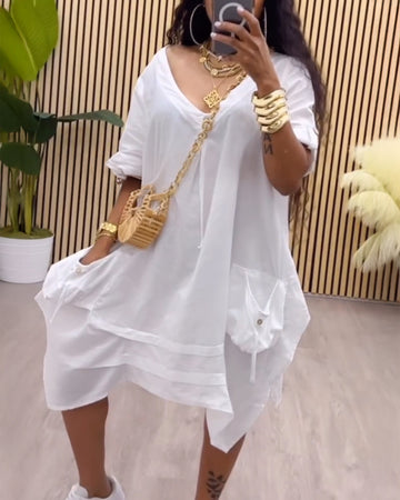 V Neck Short Sleeve Asymmetrical Button Dress with Pocket